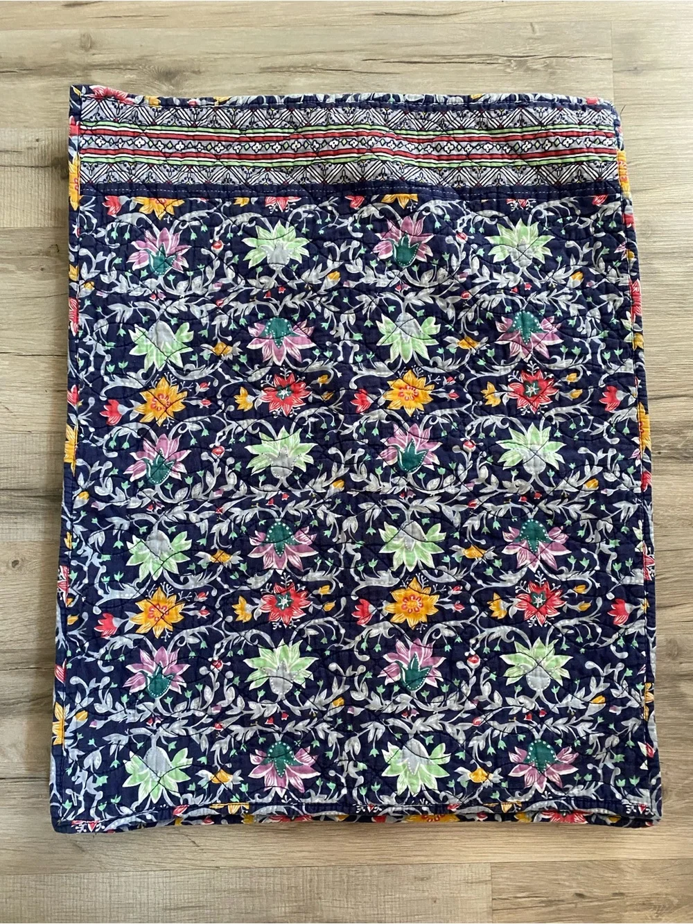 Vera Bradley Navy Floral Quilted Throw with Pink, Yellow, Green Accents